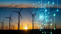 Wind turbines at sunset with digital technology overlay and glowing network connections representing smart energy grid and renewable power innovation.