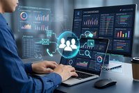 Business professional analyzing customer data analytics on laptop with holographic interface displaying charts, graphs and CRM dashboard metrics.
