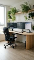 Modern home office workspace with dual monitors showing code, ergonomic chair, wooden desk and hanging spider plants creating productive work environment.