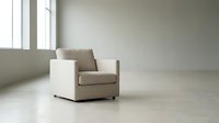 Modern beige armchair in minimalist empty room with natural light from windows. Contemporary furniture piece for interior design and home decor projects.