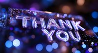 Glowing neon thank you text on dark background with blue bokeh lights and sparkle effects creates modern appreciation message for social media and presentations.