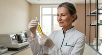 Middle-aged Caucasian female scientist in white coat examines yellow liquid in test tube at modern laboratory, smiling confidently.