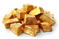 Gold bullion bars scattered in pile showing wealth and precious metal investment on white background, isolated financial concept for banking and treasury.