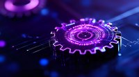 Glowing purple gear wheel mechanism on digital circuit background with futuristic technology elements and neon light effects, representing automation process.