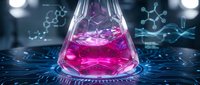 Laboratory conical flask with bright pink chemical solution on digital circuit board background with molecular structures for scientific research.