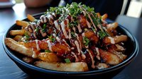 Loaded french fries topped with savory pulled pork, drizzled with creamy sauce and garnished with fresh herbs, served in black bowl for casual dining.