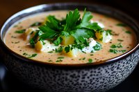 Creamy potato soup garnished with fresh parsley in textured ceramic bowl. Close-up view shows rich orange-tinted broth and floating butter pieces against dark background.