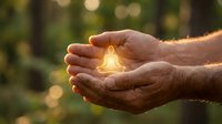 Cupped hands holding glowing light bulb symbolizing innovation, creativity and bright ideas against soft bokeh nature background for business concepts.