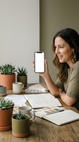 Smiling young Caucasian woman designer holding smartphone with blank white screen at wooden desk with color swatches and plants.