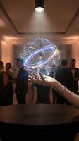 Businessman presenting holographic atomic model with glowing blue energy rings floating above hand in modern conference room during corporate meeting.