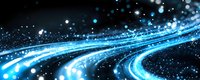 Abstract blue light trails with glowing particles and bokeh effects on dark background for digital technology and futuristic design concepts.