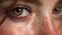 Extreme close-up of young woman with freckles and hazel eyes, showing natural beauty and skin texture. Perfect for beauty, skincare, or cosmetic advertising.