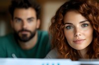 Young Caucasian woman with natural curly red hair and green eyes smiling at camera, with bearded man in green sweater in background. Soft natural lighting creates warm atmosphere.