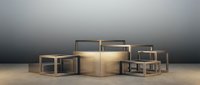 Modern minimalist display podiums and geometric stands in warm gold tones against gradient background for luxury product presentation and branding.