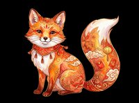 Ornate fox with Asian floral and lantern patterns in warm orange tones, isolated on transparent background. Great for stickers, t-shirt design, print on demand, sublimation, clipart.