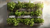 Rustic wooden pallet transformed into vertical herb garden with fresh basil, rosemary, and decorative plants against neutral wall.