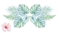 Tropical foliage arrangement with monstera and palm leaves in soft green tones, featuring delicate pink flower. Isolated botanical design for invitations, wall art, and creative projects.