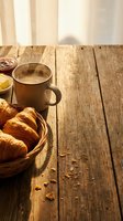 Morning coffee and fresh croissants on rustic wooden table with warm sunlight streaming through window creating cozy breakfast atmosphere with copy space.