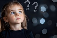 Young Caucasian girl with blue eyes looking up thoughtfully at question marks drawn on dark background with bokeh lights, expressing curiosity and wonder.