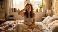 Woman with long brown hair, Caucasian ethnicity, sitting on bed in morning sunlight wearing casual white t-shirt, touching head with hand, expressing tiredness or stress in bright bedroom with plants and natural light.