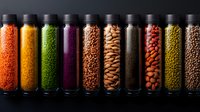 Colorful assortment of legumes, grains and spices in glass test tubes arranged in row on dark background for culinary and nutrition concepts.