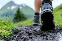 Hiking boot sole on muddy mountain trail with green grass and peaks in background, close-up ground level view capturing outdoor adventure and nature exploration.