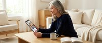 Middle-aged Caucasian woman using tablet computer while relaxing on beige sofa at home with coffee cup, enjoying digital content in cozy living room.