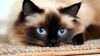 Siamese cat with striking blue eyes lying on beige carpet, close-up portrait showing distinctive dark facial markings and cream-colored fur. Perfect for pet care and animal blogs.