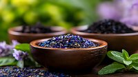 Dried lavender buds in wooden bowl with fresh mint leaves on dark background, aromatic herbs and spices for natural organic tea and aromatherapy.