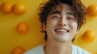 Young Asian man with curly hair laughing joyfully against vibrant yellow background with orange citrus fruits for lifestyle and wellness content.