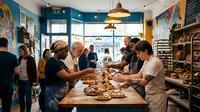 Diverse group of people gathered around wooden table tasting and sampling fresh baked goods in colorful bakery shop interior with blue walls and hanging pendant lights.
