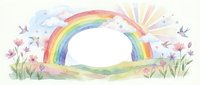 Watercolor rainbow with flowers and birds on white background, spring meadow scene with sun rays, isolated clipart for nursery decor and greeting cards.