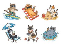 Tabby and orange cats enjoying summer activities on isolated white background, including surfing, beach relaxation, sandcastle building, lounging under umbrella and swimming in pool for design projects.