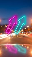 Neon arrows pointing upward in pink and cyan colors over blurred city street with bokeh lights and reflections for business growth concepts.