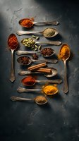 Vintage spoons filled with colorful spices including turmeric, paprika, cardamom, star anise and cinnamon sticks arranged on dark textured surface for culinary use.