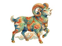 Ornate goat with decorative patterns in vibrant colors, isolated on white background, suitable for clipart, t-shirt design, and print applications.