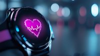 Glowing pink heart rate pulse on smart watch display with bokeh lights background, modern wearable health technology monitoring vital signs.
