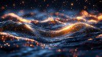 Abstract cosmic landscape with glowing golden waves and particles against dark background, creating magical atmospheric effect. Futuristic digital art for backgrounds.