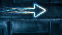 Glowing digital arrow with light trails and particle effects on dark blue technology background for futuristic design concepts.