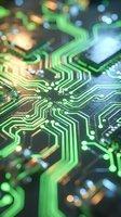 Close-up of glowing green circuit board pathways with interconnected electronic traces and bokeh light effects, representing technology, data flow, and digital connectivity for tech industry applications.