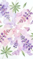 Watercolor lupine flowers and leaves pattern in purple and pink tones on white background. Botanical floral design for fabric, wallpaper and decorative projects.