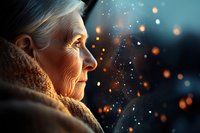Senior Caucasian woman in profile gazing at magical glowing bokeh lights against dark background, wearing warm scarf, expressing wonder and hope in evening atmosphere.