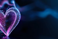 Glowing heart shape formed by luminous particles in purple and pink colors against dark background creates romantic atmosphere for Valentine designs.