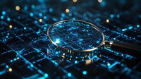 Magnifying glass examining glowing blue circuit board with digital connections and light effects, technology concept for data analysis and cybersecurity research.