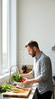 Caucasian man with beard wearing gray shirt washing fresh vegetables at kitchen sink near window, preparing healthy meal at home.