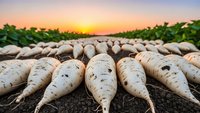 Fresh white radishes harvested at sunset in agricultural field with green leafy tops, organic root vegetables ready for market sale and healthy cooking.