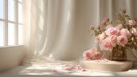 Elegant pink roses in glass vase on wooden tray with soft natural light streaming through window, creating romantic atmosphere for wedding photography.