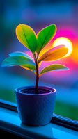 Young plant growing in blue pot against vibrant sunset background with glowing leaves and colorful bokeh effects, symbolizing growth, hope and new beginnings.