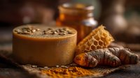 Natural turmeric powder in wooden bowl with fresh roots and honeycomb on rustic surface for cooking and wellness applications.