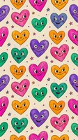 Colorful cartoon hearts with cute faces seamless pattern on beige background with stars and dots for children design projects.